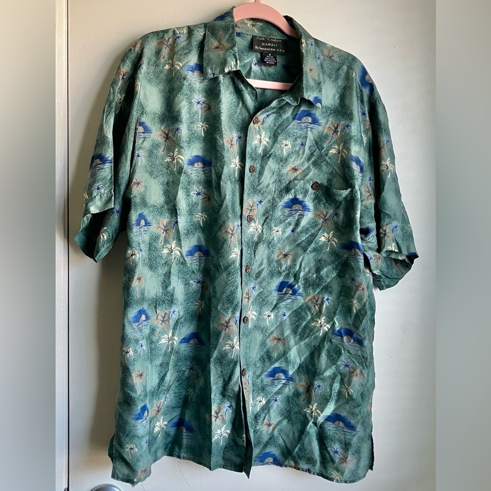 Vintage Silk Hawaiian Shirt Sunrise Enterprises Teal Palm Trees Mens Small